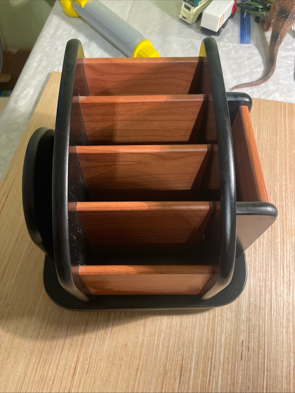 Wood & Black Desktop Organizer - Rotating Multi-Compartment Storage